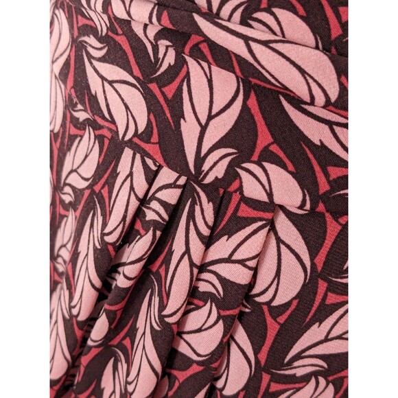 Max & Cleo Dress Womens sz M Pink Brown Leaf Print Faux Wrap Stretch Fit Flare - Picture 4 of 11